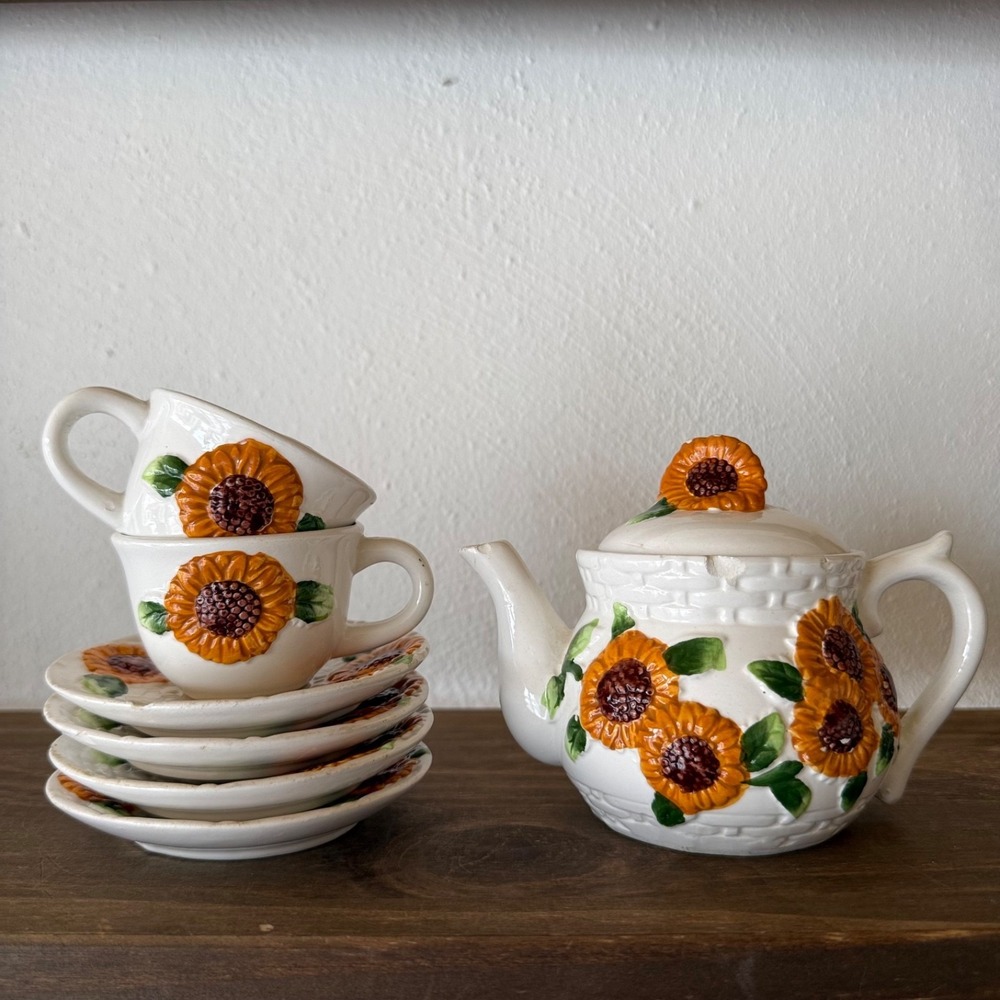Vintage Sunflower Tea Set Teapot‎ Cups Saucers Ceramic Floral Cottagecore